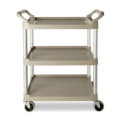 Rubbermaid 3-Shelf Plastic/Poly Mobile Utility Cart with Swivel Wheels, Platinum (FG342488PLAT)