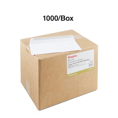 Staples® Gummed Double-Window 4 3/16" x 9" Envelopes for Laser Forms; White 1,000/Box (381911/17045)