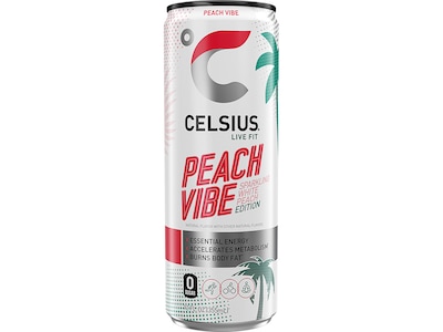 Celsius Sugar-Free Peach Vibe Sparkling Energy Drink, 12 fl. oz., 12 Cans/Carton (01043)