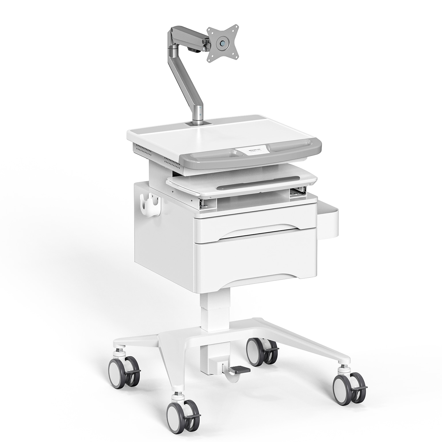 Mount-It! MedHub Mobile Medical Cart Workstation with Drawers, Monitor arm, and Locking Caster Wheels, White/Grey (MI-16026)