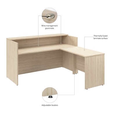 Bush Business Furniture Arrive 72"W L Shaped Reception Desk with Shelf, Natural Elm (ARV006NE)