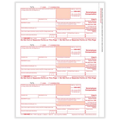 ComplyRight 2024 1099-NEC Tax Form, 1-Part, 3-Up, Federal Copy A, 50/Pack (NEC511050)