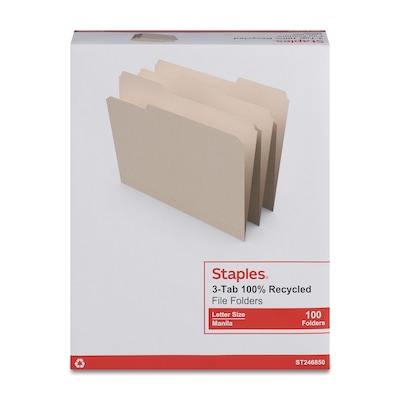 Staples® File Folders, 1/3 Cut Tab, Letter Size, Manila, 100/Box (TR246850)