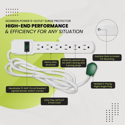 GoGreen Power 6 Outlet Surge Protector, 6' Cord, White (GG-16106MS)