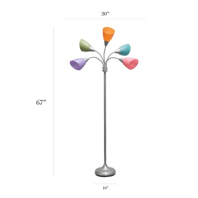 Simple Designs 67" Contemporary Multi Head Medusa 5-Light Adjustable Silver Floor Lamp Fun w/ Multicolored Shades (LF2006-SLM)