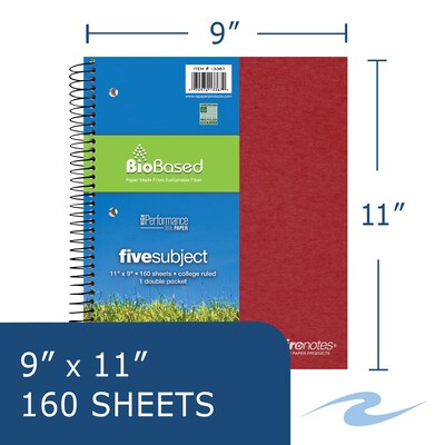 Roaring Spring Environotes 5-Subject Notebooks, 9" x 11", College Ruled, 160 Sheets, Assorted Colors, 12/Carton