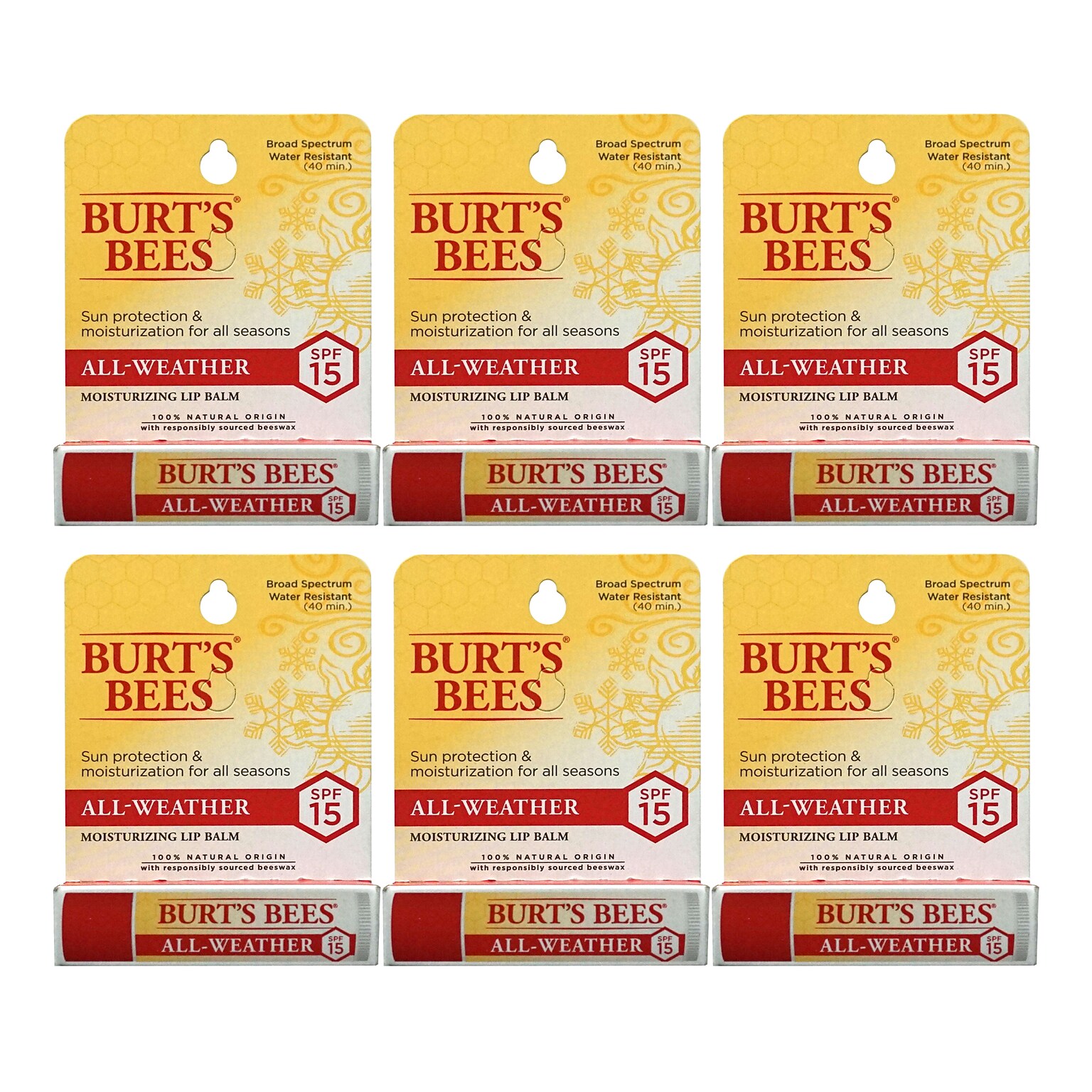 Burts Bees All-Weather SPF 15 Lip Balm, 0.15 oz Tube, 6 Tubes/Box, 8 Boxes/Carton