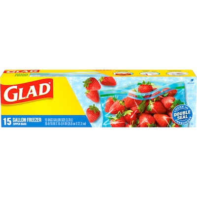 Glad Zipper Freezer Bags, Gallon, 15 Bags/Box (57034)