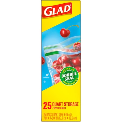 Glad Zipper Storage Bags, Quart, 25/Box (55052)