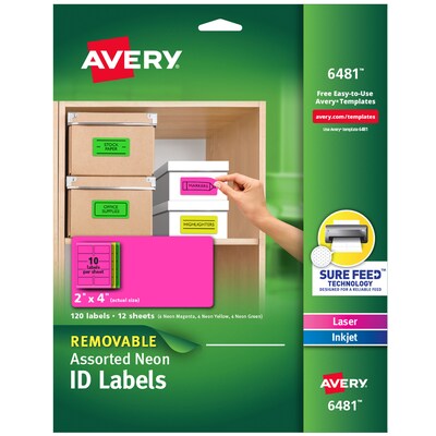 Avery Laser/Inkjet Identification Labels, 2 x 4, Assorted Neon Colors, 10/Sheet, 12 Sheets/Pack (6