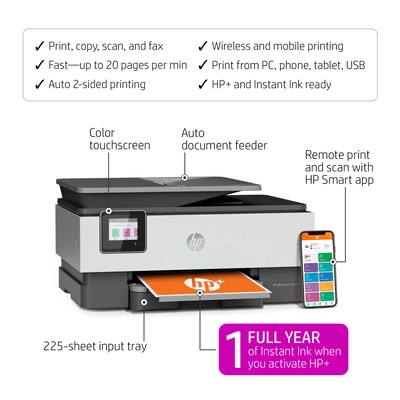 HP OfficeJet Pro 8034e Wireless Color All-in-One Printer with 1 Full Year  Instant Ink with HP+ (1L0J | Quill.com