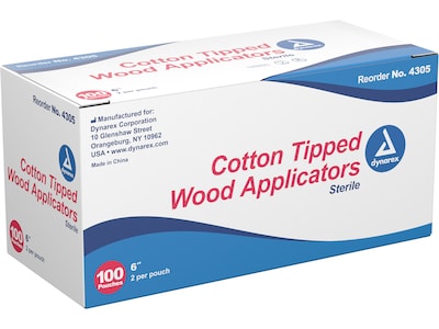 Dynarex Cotton-Tipped Applicator, Sterile, 2/Pouch, 100 Pouches/Box, 10 Boxes/Carton (4302)