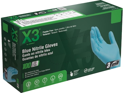 Ammex X3 Nitrile Gloves, Large, Blue, 100/Box, 10 Boxes/Carton (X346100XX)
