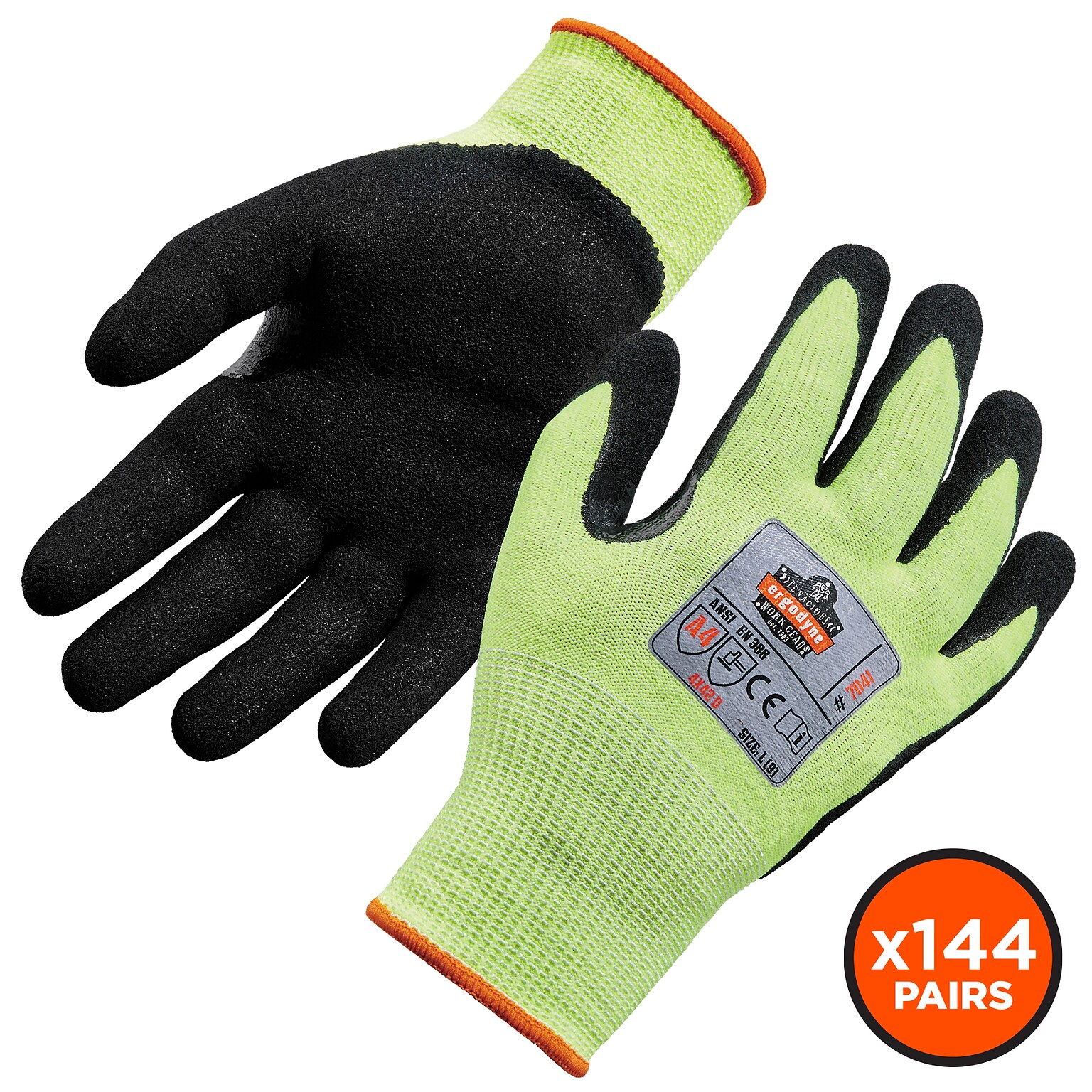 Ergodyne ProFlex 7041 Hi-Vis Nitrile-Coated Cut-Resistant Gloves, ANSI A4, Wet Grip, Lime, XL, 144 Pairs (17825)