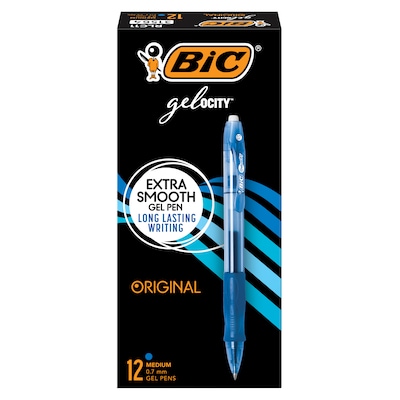 BIC Gel-ocity Retractable Original Gel Pens, Medium Point, 0.7 mm, Blue Ink, 12/Pack (31564/RLC11)