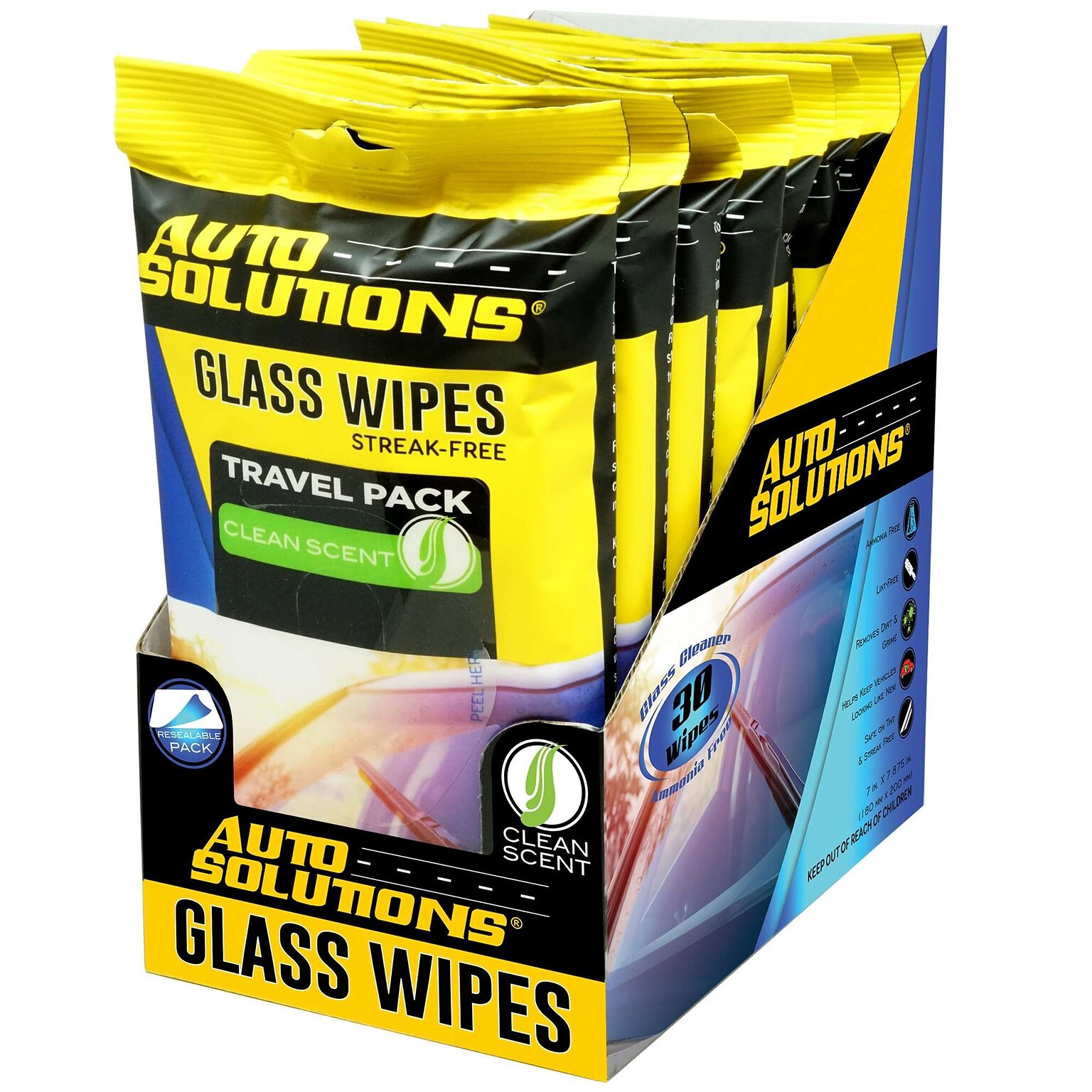 Auto Solutions Glass Wipes, Yellow & Blue, 30 Wipes/Pack, 8 Packs/Box, 4 Boxes/Carton (15717)