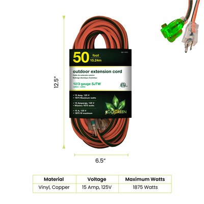 GoGreen Power 50 Indoor/Outdoor Extension Cord, 12 AWG, Orange (GG-14050)