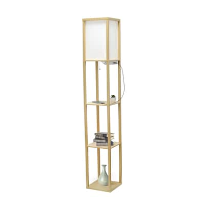 Creekwood Home Classix 62.5" Multifunctional 3-Tier Storage and Display Floor Lamp w/ Charging Ports & Outlet, Tan (CWF-3009-TN)