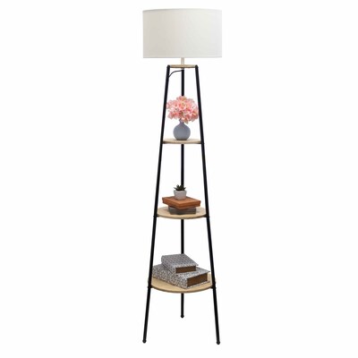 Simple Designs 62.5" Tall Modern Tripod 3 Tier Shelf Standing Floor Lamp with White Drum Fabric Shade, Light Wood (LF2015-LWD)