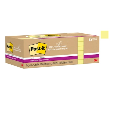 Post-it Recycled Super Sticky Notes, 3 x 3, Canary Collection, 70 Sheet/Pad, 12 Pads/Pack (654R-12