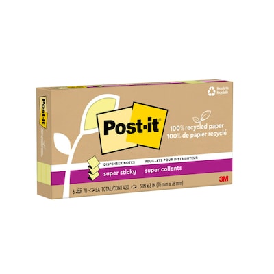 Post-it Recycled Super Sticky Pop-up Notes, 3 x 3, Canary Collection, 70 Sheet/Pad, 6 Pads/Pack (R