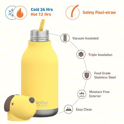 ASOBU Bestie Bottle Dog Vacuum Insulated Stainless Steel Water Bottle with Reusable Flexi Straw, 16 oz., Yellow (SBV44DO)