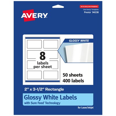 Avery Laser/Inkjet Rectangle Labels, 2 x 3.5, Glossy White, 400 Labels/Box (94238)