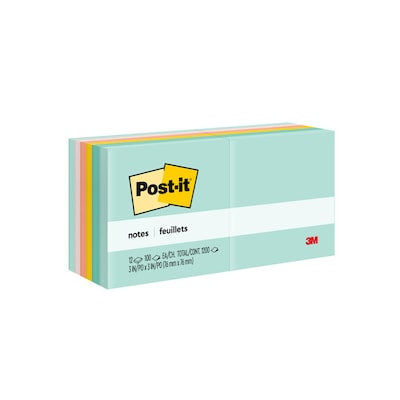 Post-it Notes, 3 x 3, Beachside Café Collection, 100 Sheet/Pad, 12 Pads/Pack (654AST)