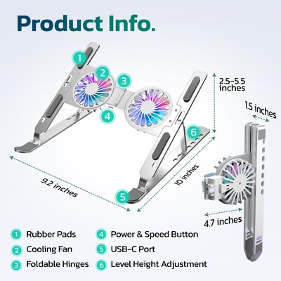 Purely F82 Cooling Fan Height-Adjustable 18" Collapsible/Portable Laptop Stand, 1 USB Port (PLSF82)