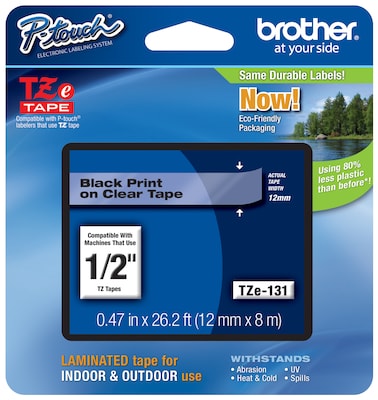 Brother P-touch TZe-131 Laminated Label Maker Tape, 1/2 x 26-2/10, Black on Clear (TZe-131)