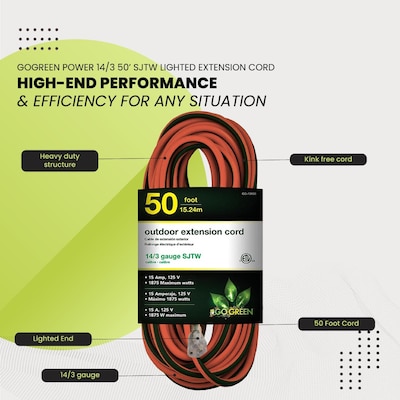 GoGreen Power 50' Indoor/Outdoor Extension Cord, 14 AWG, Orange (GG-13850)