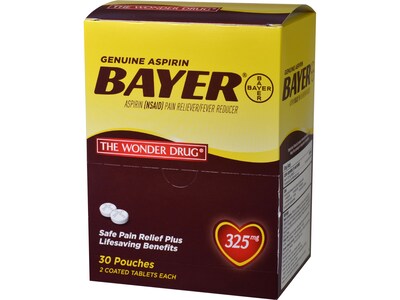 Bayer 325mg Genuine Buffered Aspirin (NSAID) Tablet, 2/Pouch, 30 Pouches/Box (64268)