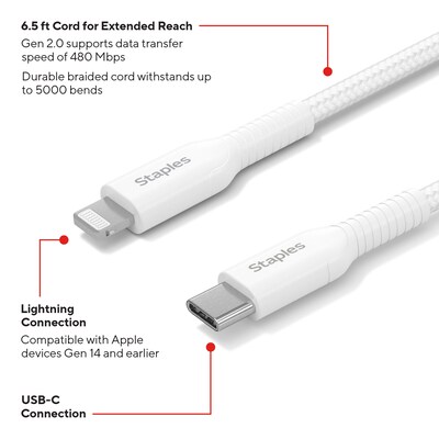 Staples TECH Lightning to USB-C Charging Cable, 6.5 ft., White (ST62333)