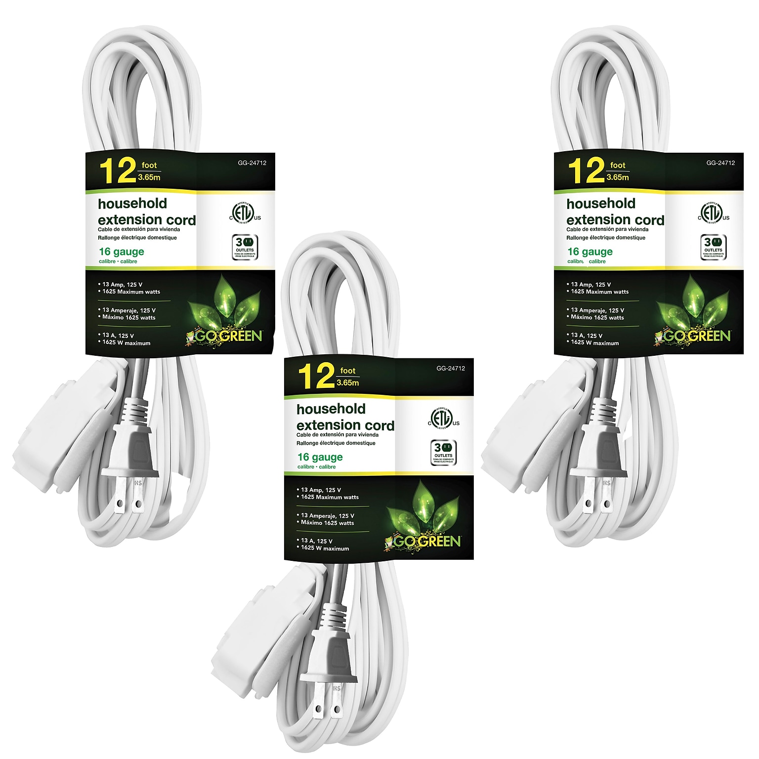 GoGreen Power 12 Extension Cord, 3-Outlet, 16 AWG, White (GG-24712-3)