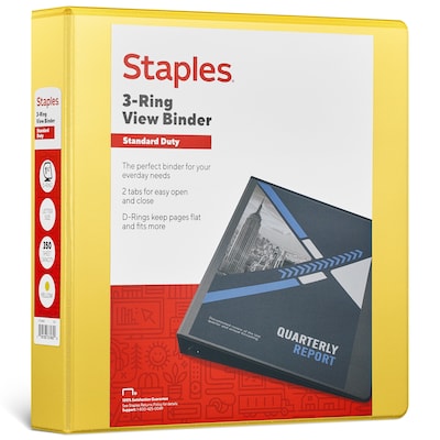 Staples® Standard 1.5 3 Ring View Binder with D-Rings, Yellow (58652)