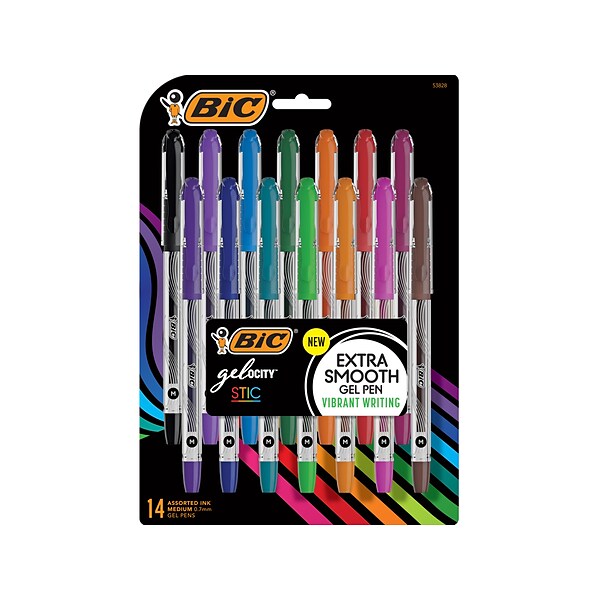 BIC Gel-ocity Stic Assorted Colors Gel Pen Set, Medium Point (0.7mm),  14-Count Pack, Colorful Pens for Journaling and Lists (RGSMP14-AST)