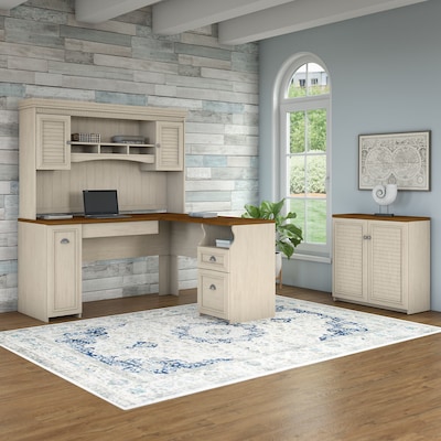 Bush Furniture Cabot L Shaped Desk with Hutch and Small Storage Cabinet with Doors, Linen White Oak