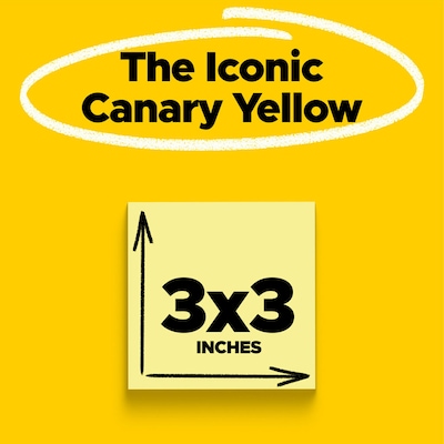 Post-it Sticky Notes, 3 x 3 in., 12 Pads, 100 Sheets/Pad, Canary Yellow, The Original Post-it Note