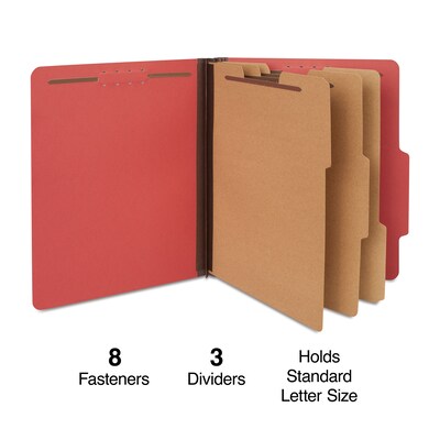 Quill Brand® 2/5-Cut Tab Pressboard Classification File Folders, 3-Partitions, 8-Fasteners, Letter, Red, 15/Box (744030)