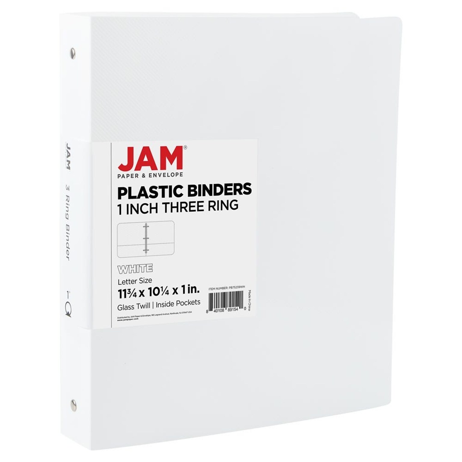 JAM Paper 1 3-Ring Flexible Poly Binder, White (PB75239WH)