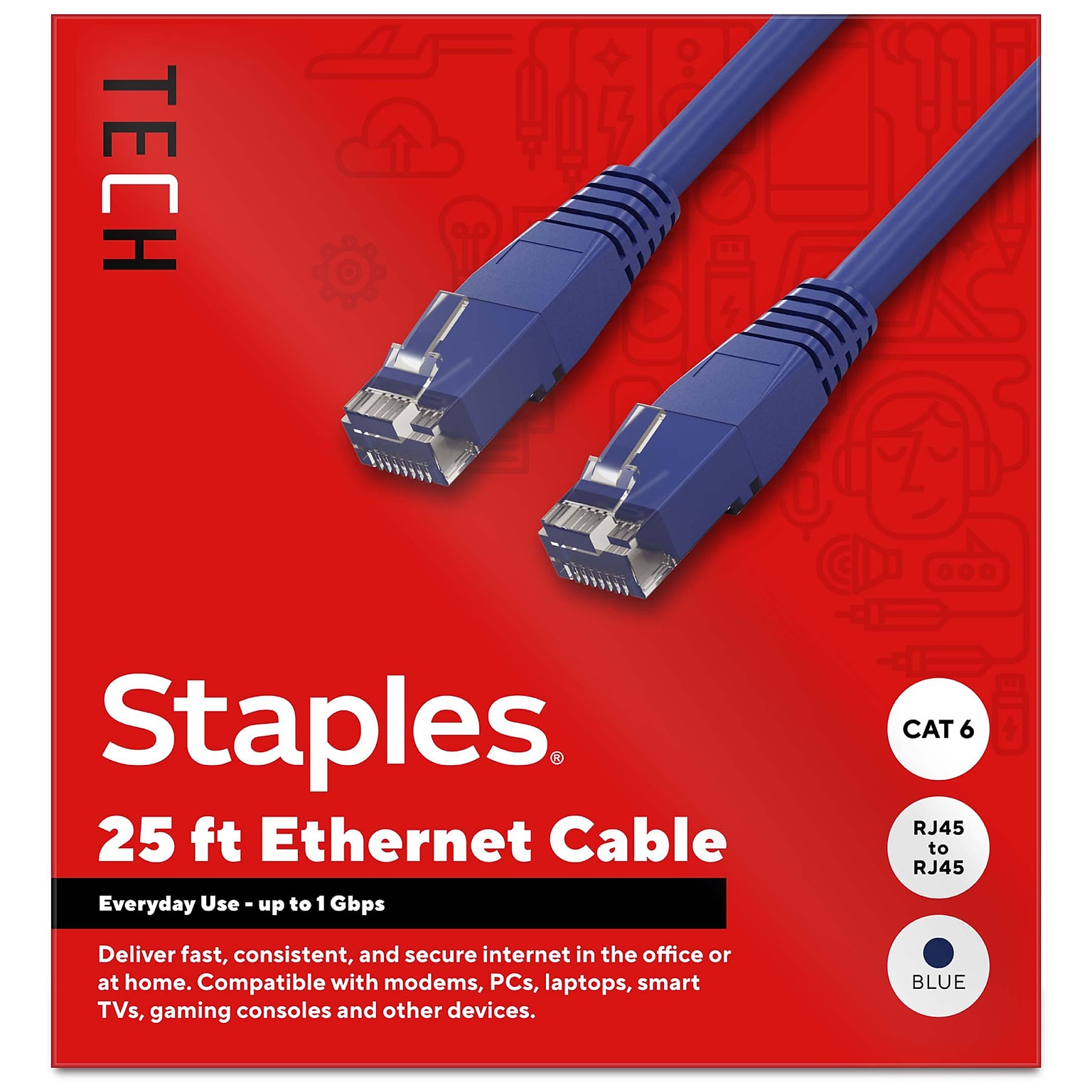 Staples TECH 25 ft. Cat-6 Ethernet Cable, Male to Male, Blue (ST62451)