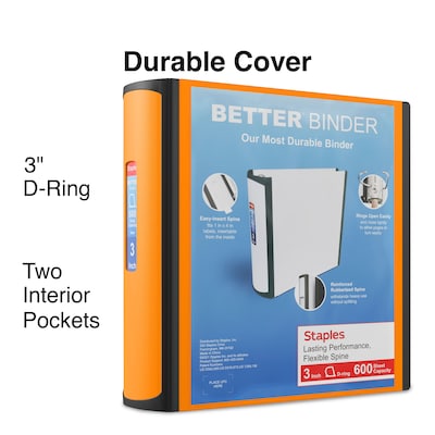 Staples® Better 3 3 Ring View Binder with D-Rings, Orange (16405)