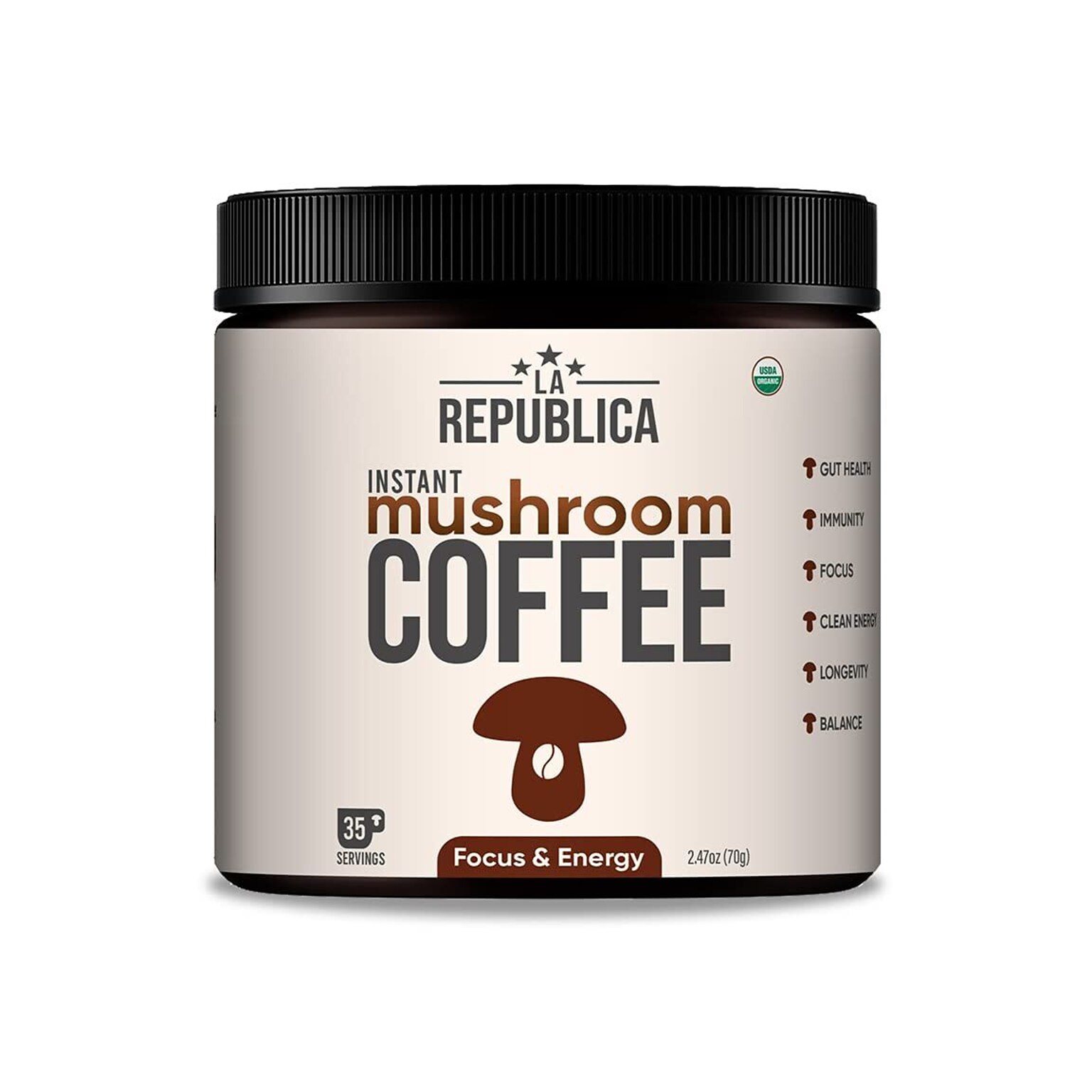 La Republica Organic Instant Superfood Mushroom Coffee, Fair Trade Arabica Coffee, Medium Roast, 35 Servings (LARR-OMIC)