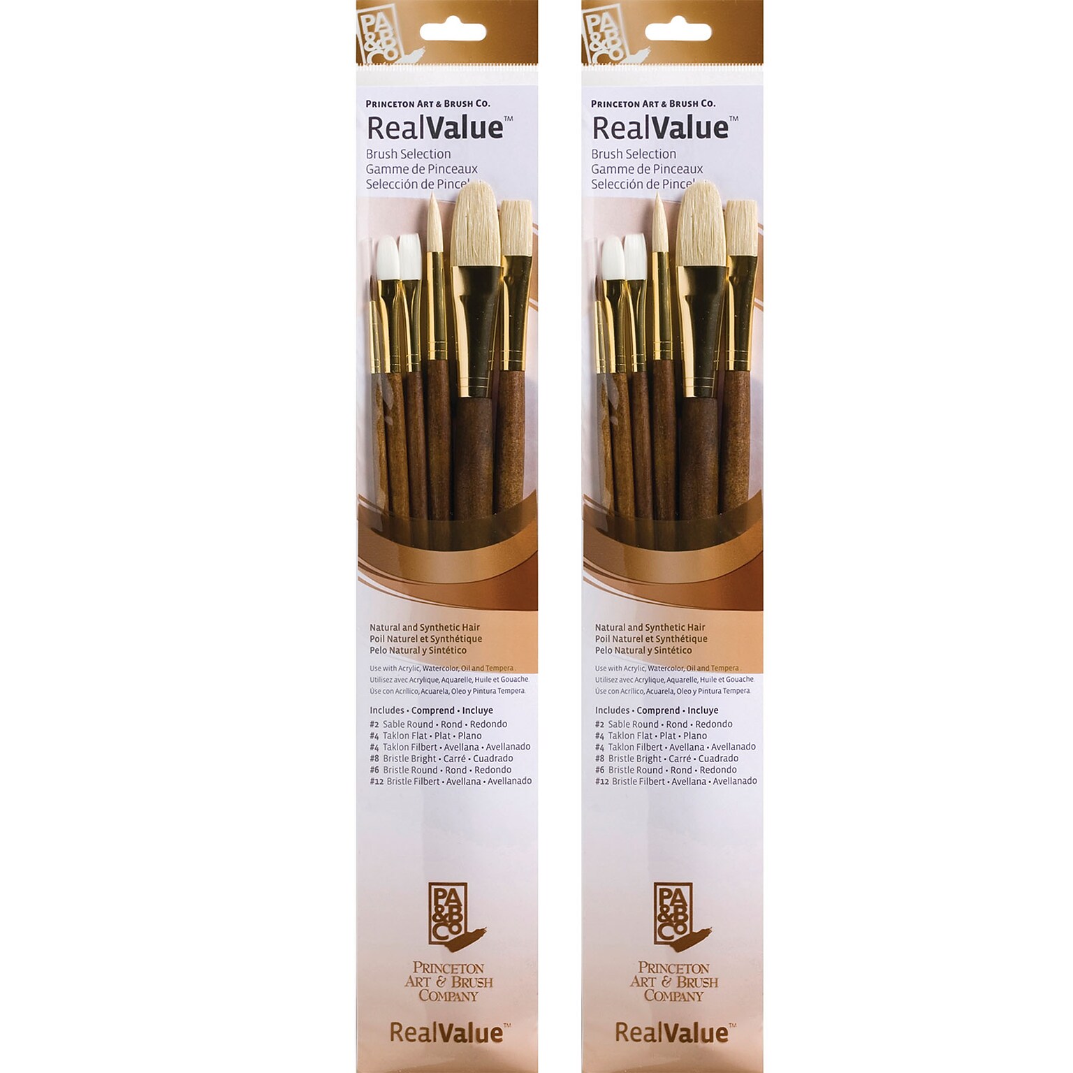 Princeton RealValue Mixed Media Natural Brushes, Brown, 6/Set, 2 Sets/Bundle (PBXPR9148-2)