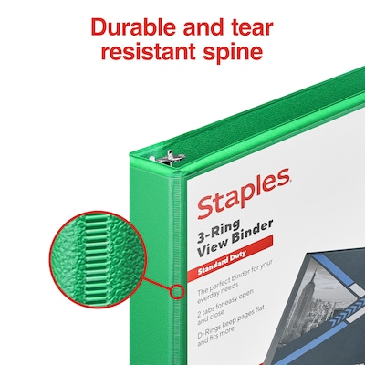 Staples® Standard 1" 3 Ring View Binder with D-Rings, Green (58652)