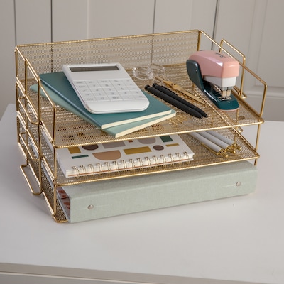 Martha Stewart Ryder 3-Tier Desk Letter Tray Organizer, Stackable Steel Mesh Inbox Tray, Gold (HHOHD
