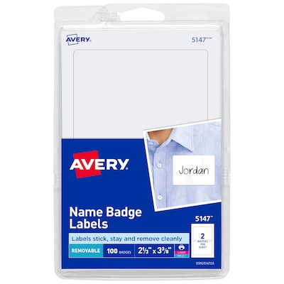 Avery Adhesive Laser/Inkjet Name Badge Labels, 2 1/3 x 3 3/8, White, 100 Labels Per Pack (5147)