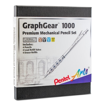 Pentel Arts GraphGear 1000 Premium Mechanical Pencil Gift Set with Refill Erasers, 4 Assorted Lead S