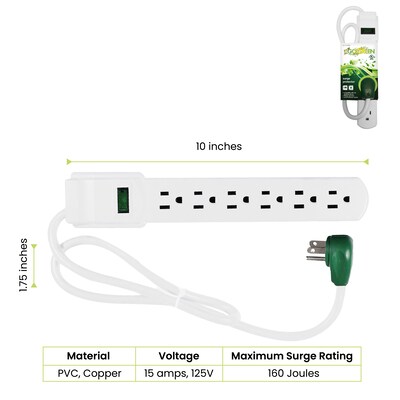 GoGreen Power 6 Outlet Surge Protector, 2.5 Cord, White (GG-16103MS)