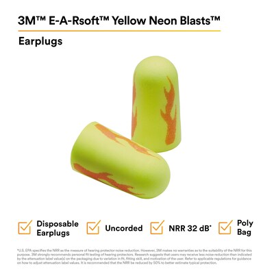 3M E-A-Rsoft Yellow Neon Blasts Earplugs, Uncorded, Poly Bag, Regular Size, 200 Pairs/Case (312-1252